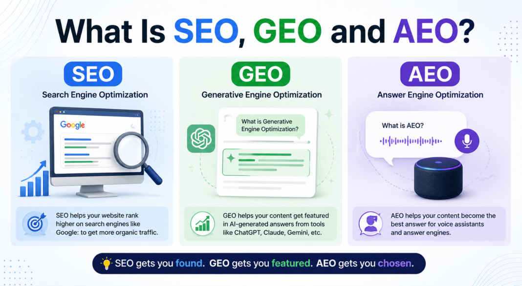 What Is SEO, GEO, and AEO — And Why You Need All Three